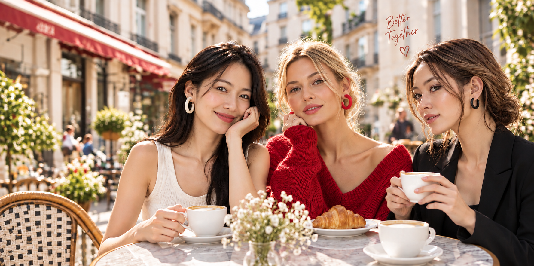 Three friends wearing statement earrings together at a sunlit cafe